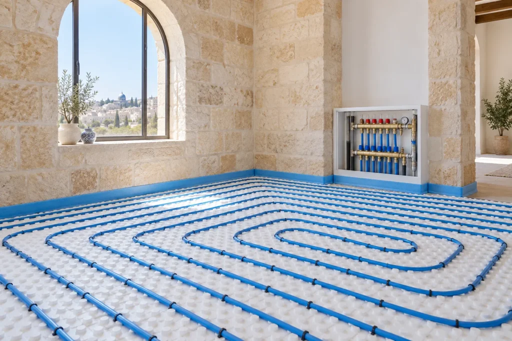 צנרת חימום תת רצפתי בחדר אבן ירושלמי