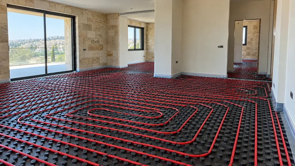 חימום תת רצפתי: לוחות שחורים וצנרת אדומה
